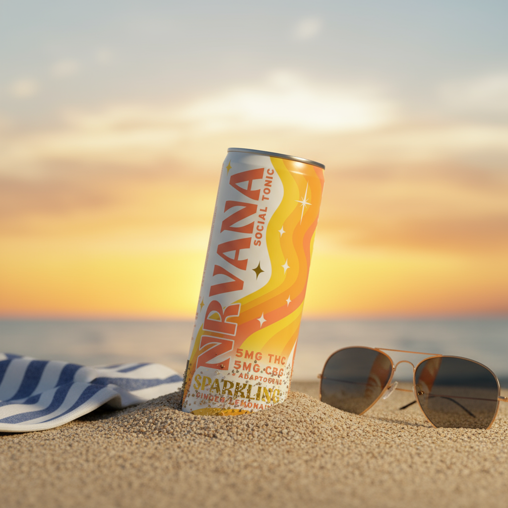 NRVANA Sparkling Ginger Lemonade THC + CBG drink can in sand at the beach with sunglasses and sunset background.