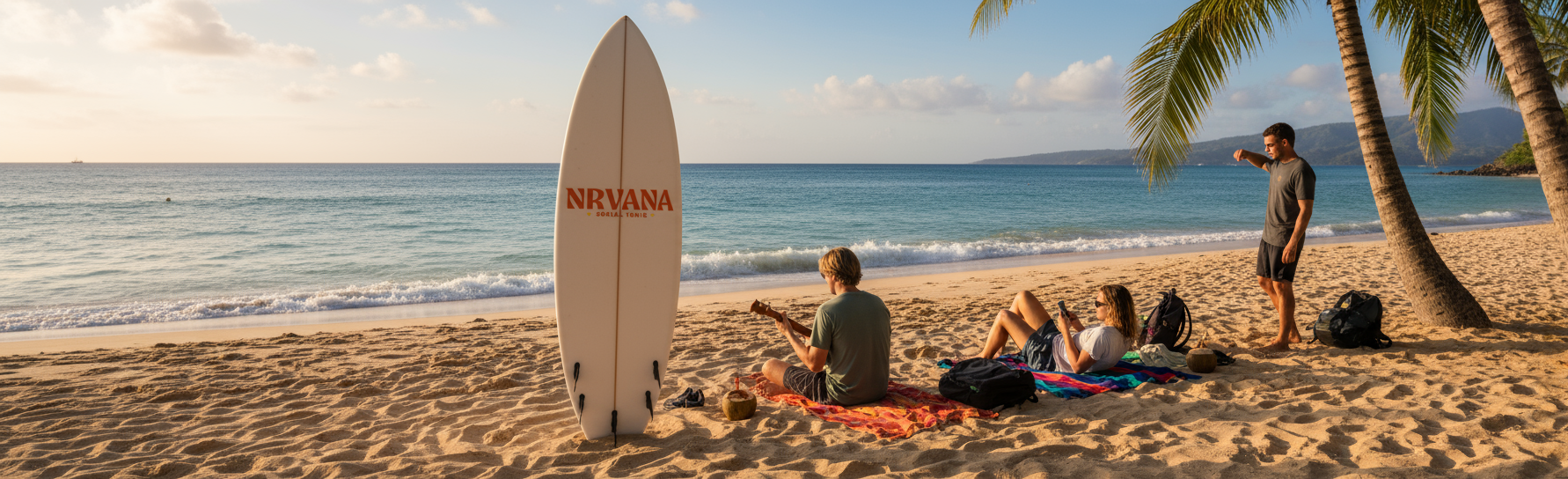 NRVANA Social Tonic surfboard on tropical beach with friends relaxing on sand under palm trees near ocean waves.