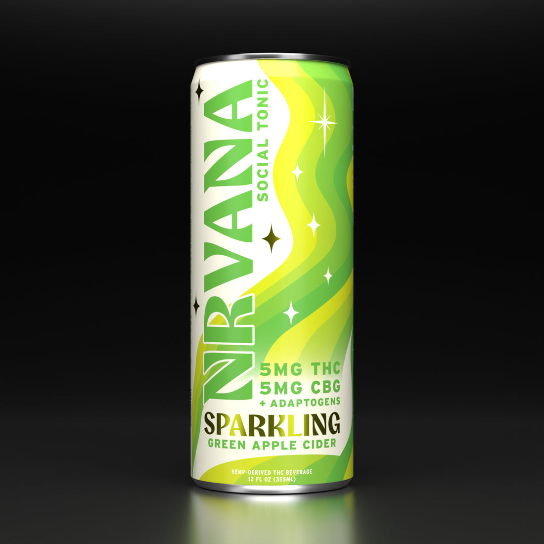 NRVANA Sparkling Green Apple Cider — hemp-derived 5mg THC + 5mg CBG plus adaptogens. Crisp apple flavor for balanced vibes, focus, and relaxation.