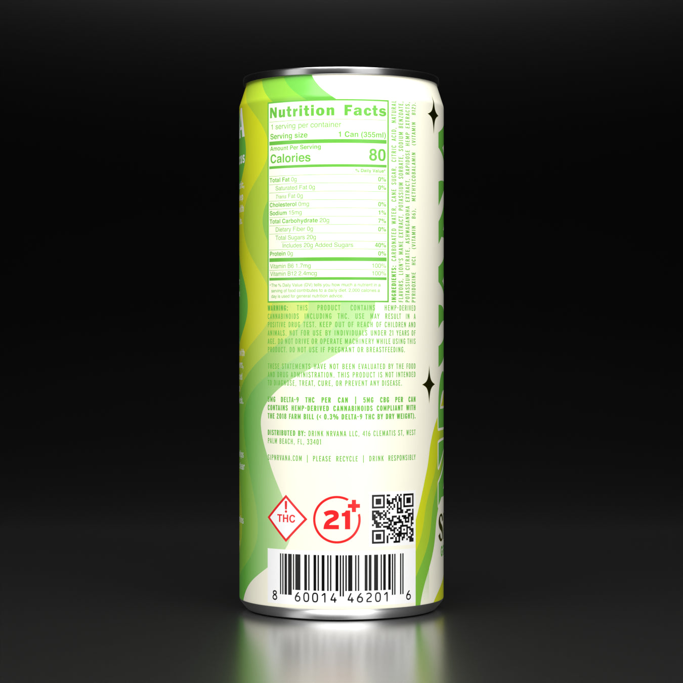 NRVANA Sparkling Green Apple Cider — 80 calories with 5mg THC + 5mg CBG. Hemp-derived social tonic powered by adaptogens for clarity and calm vibes.