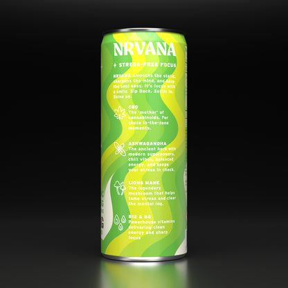 NRVANA Green Apple Cider with hemp-derived THC, CBG, Ashwagandha, and Lion’s Mane. A crisp adaptogen drink designed for chill focus and balance.