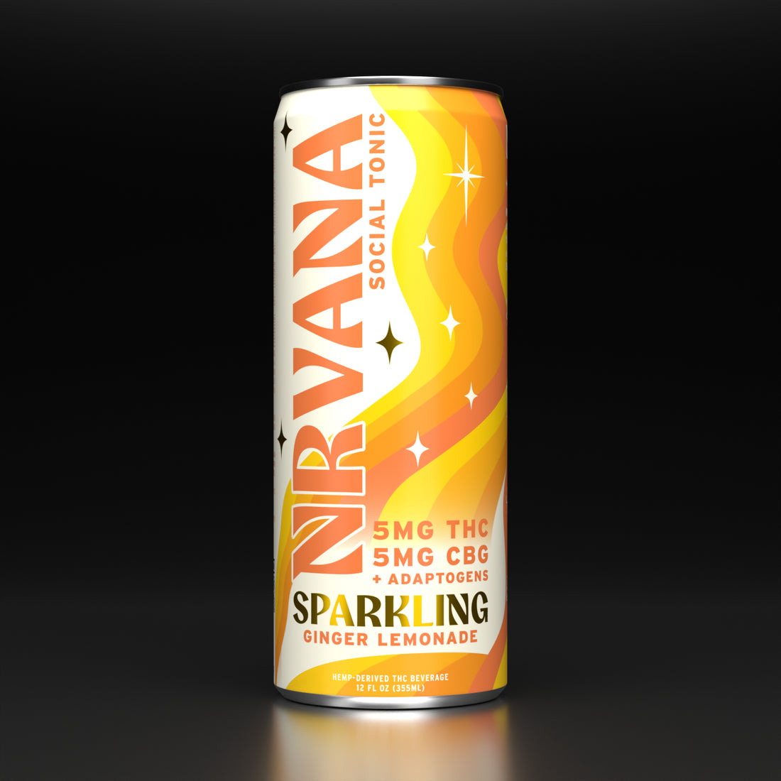 NRVANA Sparkling Ginger Lemonade — 5mg THC + 5mg CBG with adaptogens for stress-free focus. A hemp-derived social tonic crafted for calm energy.