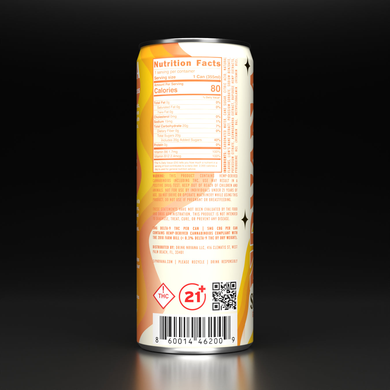 NRVANA Sparkling Ginger Lemonade: 80 calories, 5mg THC, 5mg CBG, and adaptogens. A hemp-derived functional drink for stress relief, focus, and energy.