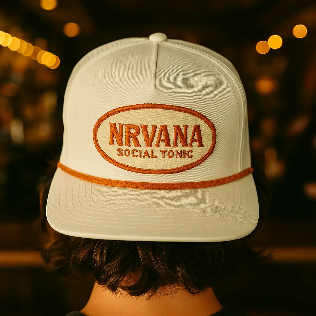 White cap with NRVANA Social Tonic logo worn by a person against a blurred background