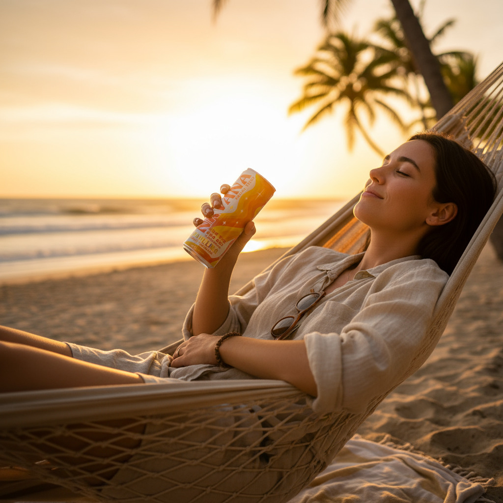 Woman relaxing in hammock at beach sunset holding NRVANA Social Tonic can, hemp-derived THC and adaptogen beverage.