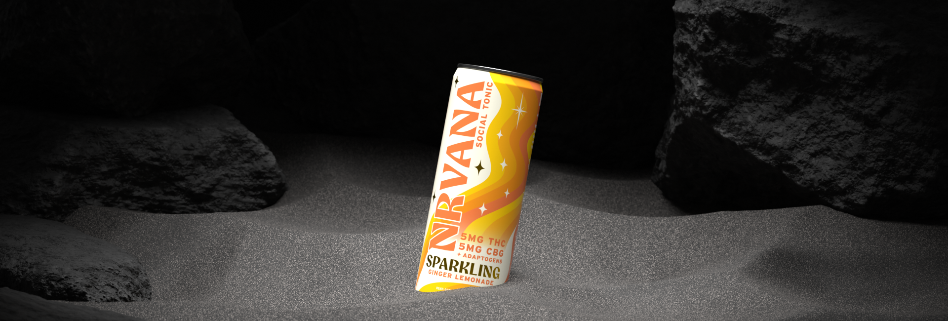 NRVANA Social Tonic can highlighted in sandy cave with dramatic dark rock shadows and glowing product focus.