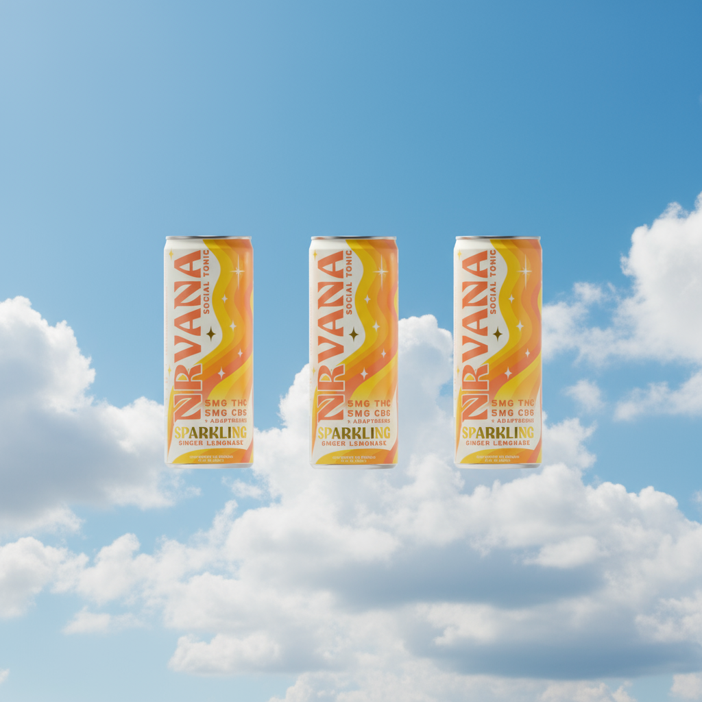 Three NRVANA Social Tonic cans, Ginger Lemonade flavor, floating against blue sky with clouds, hemp-derived THC and adaptogens.