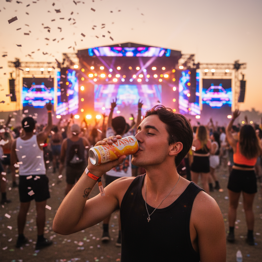 Man drinking NRVANA Social Tonic Ginger Lemonade at outdoor music festival with stage lights and crowd in background.