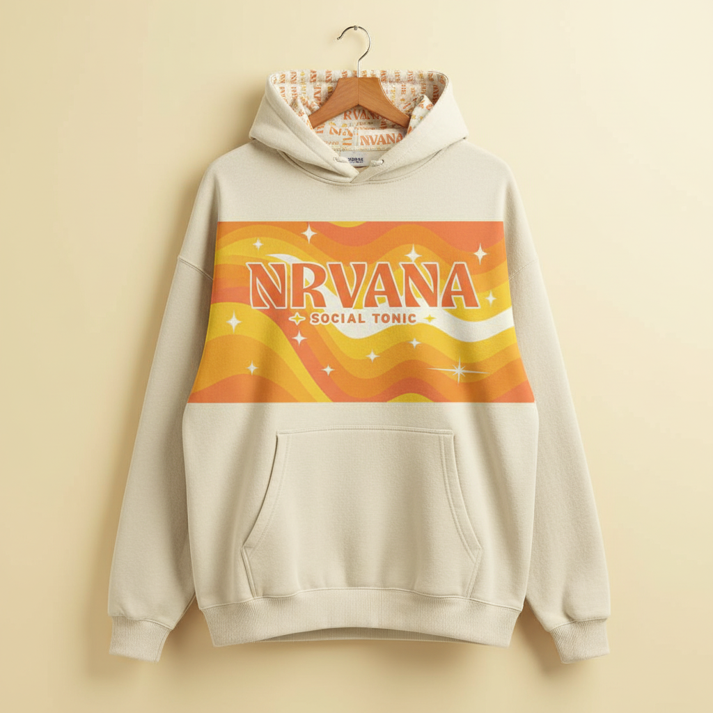 Beige hoodie with retro orange and yellow wave design featuring the NRVANA Social Tonic logo across the chest, hanging on a wooden hanger.